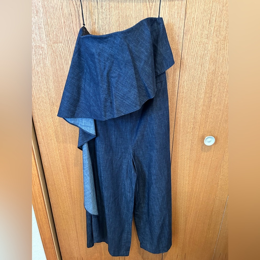 NWT Alice And Olivia Elvire Strapless Wide leg Jumpsuit In Denim Blue Sz 6 $440